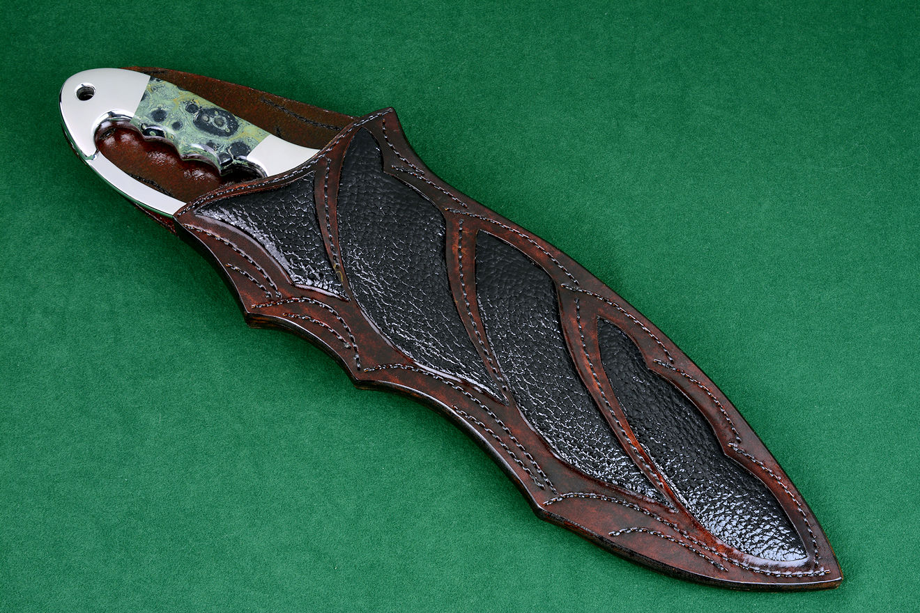 "Ananke" sheathed view. Fine handmade sheath inlaid with buffalo skin in leathe shoulder, plentiful artistic hand stitching throughout