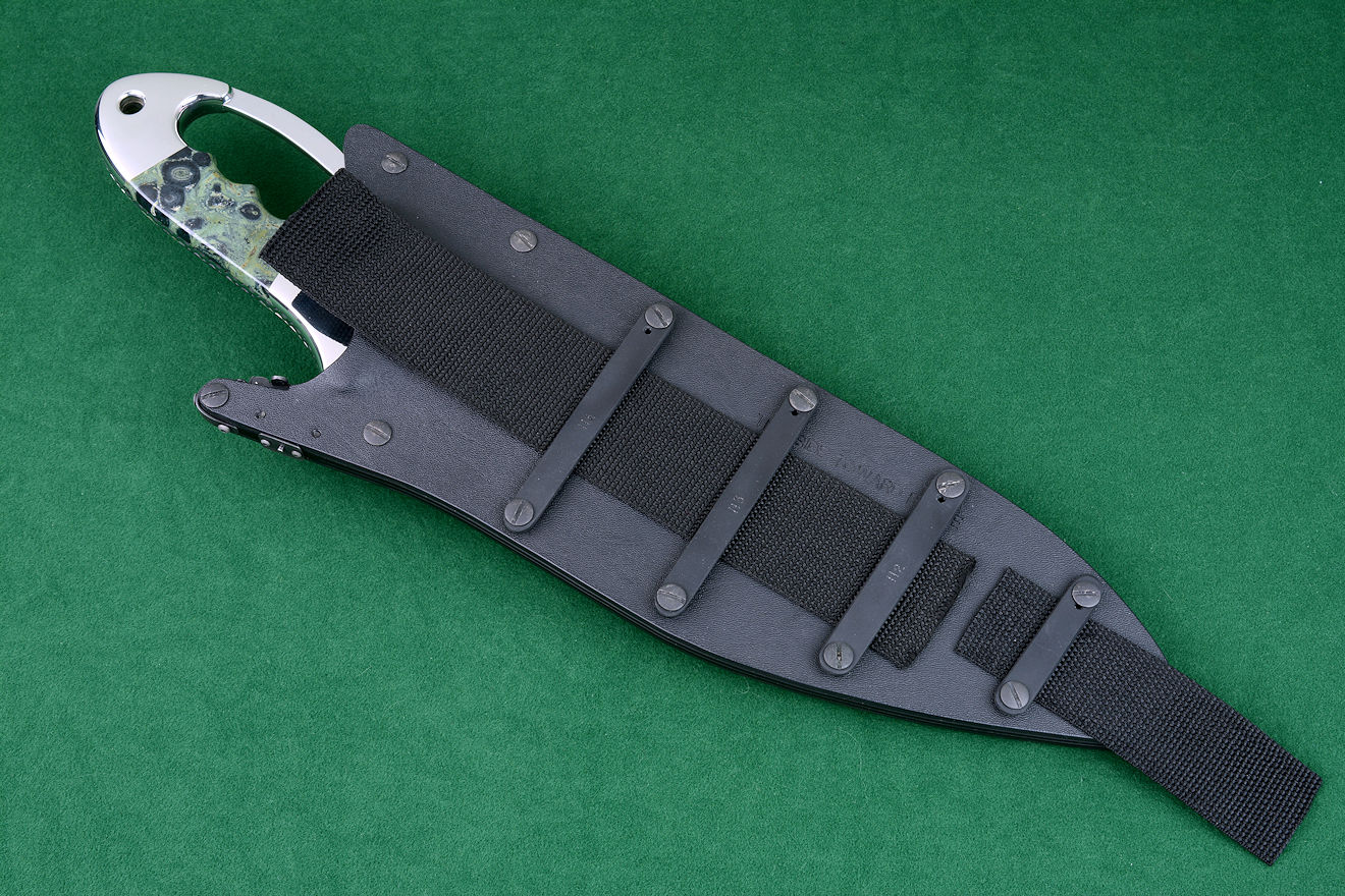 "Ananke" custom knife, khukri, sheath back showing horizontal flat clamping straps