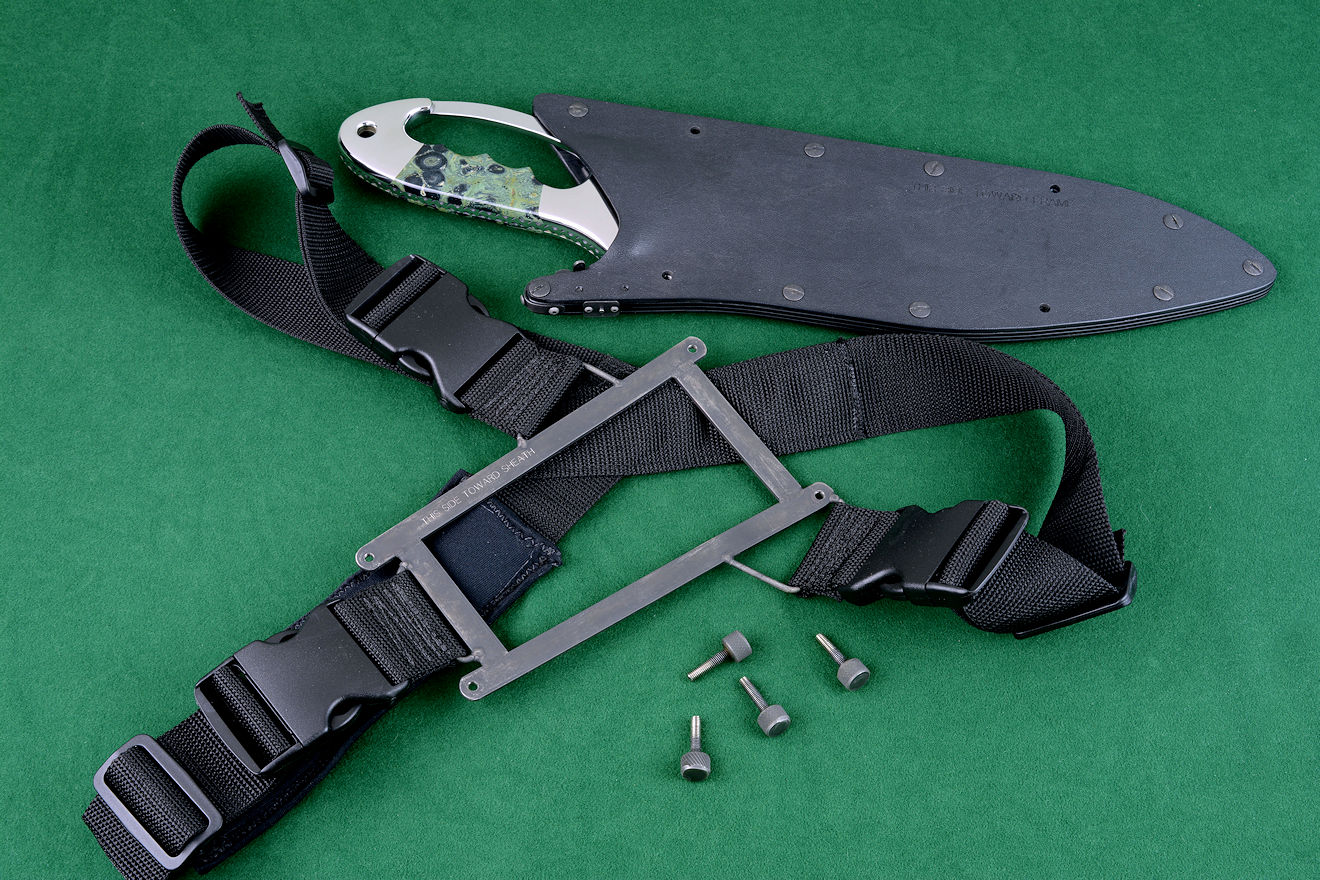"Ananke" custom tactical khukri, sheath module frame component sternum harness shown