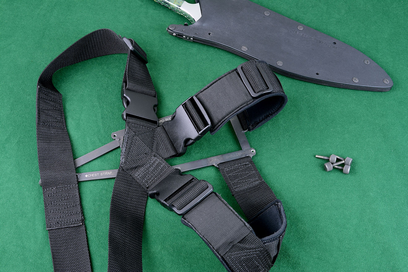 "Ananke" tactical custom knife, khukri, spine harness module webbing arrangement