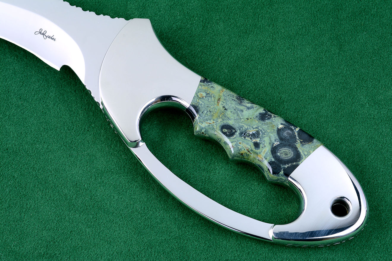 "Ananke" custom khukri, obverse side handle detail. Handle has 304 high nickel, high chromium stainless steel bolsters, contoured, shaped and secured with multiple zero-clearance pins