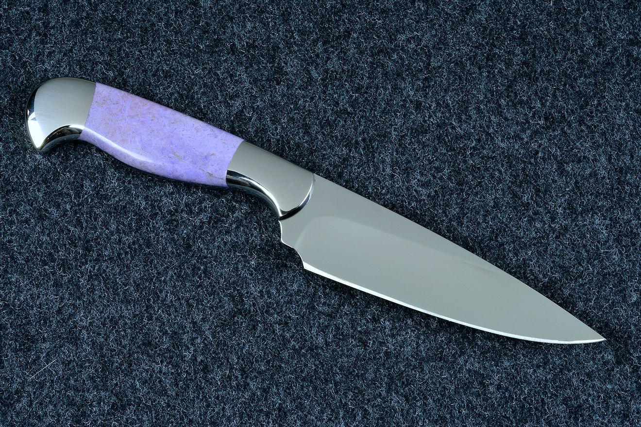 "Andromeda" reverse side view in deep cryogenically treated CPM 154CM powder metal technology high molybdenum stainless steel blade, 304 stainless steel bolsters, Purple Turkish Jade gemstone handle, hand-carved, hand-dyed leather sheath