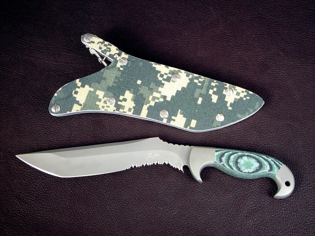 "Arcturus" combat, tactical, survival knife obverse side view in CPM S30V high vanadiium stainless tool steel blade, 304 stainless steel bolsters, Green/Black/Pistacio G10 fiberglass epoxy laminate composite handle, woodland digital camouflage kydex, aluminum, stainless steel sheath