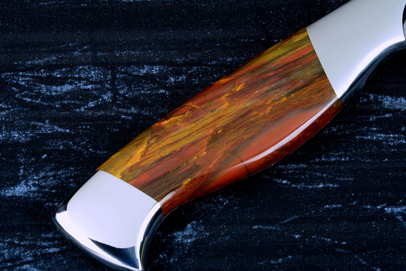 "Bordeaux" fine handmade chef's knives, BBQ knives, reverse side gemstone handle detail in T3 cyrogenically treated 440C high chromium stainless steel blades, 304 stainless steel bolsters, Caprock petrified wood gemstone handles, Bison (American Buffalo), leather shoulder book case