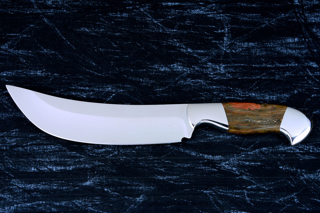 "Courbe Vaste" fine handmade chef's knife, BBQ knife, obverse side view in T3 cyrogenically treated 440C high chromium stainless steel blades, 304 stainless steel bolsters, Caprock petrified wood gemstone handles, Bison (American Buffalo), leather shoulder book case