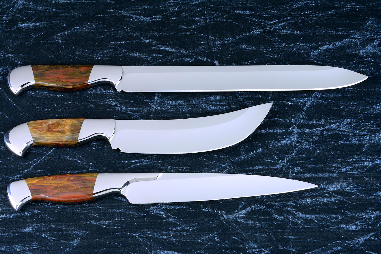 "Bordeaux, Courbe Vaste, Thresher" fine handmade chef's knives, BBQ knives, reverse side view in T3 cyrogenically treated 440C high chromium stainless steel blades, 304 stainless steel bolsters, Caprock petrified wood gemstone handles, Bison (American Buffalo), leather shoulder book case