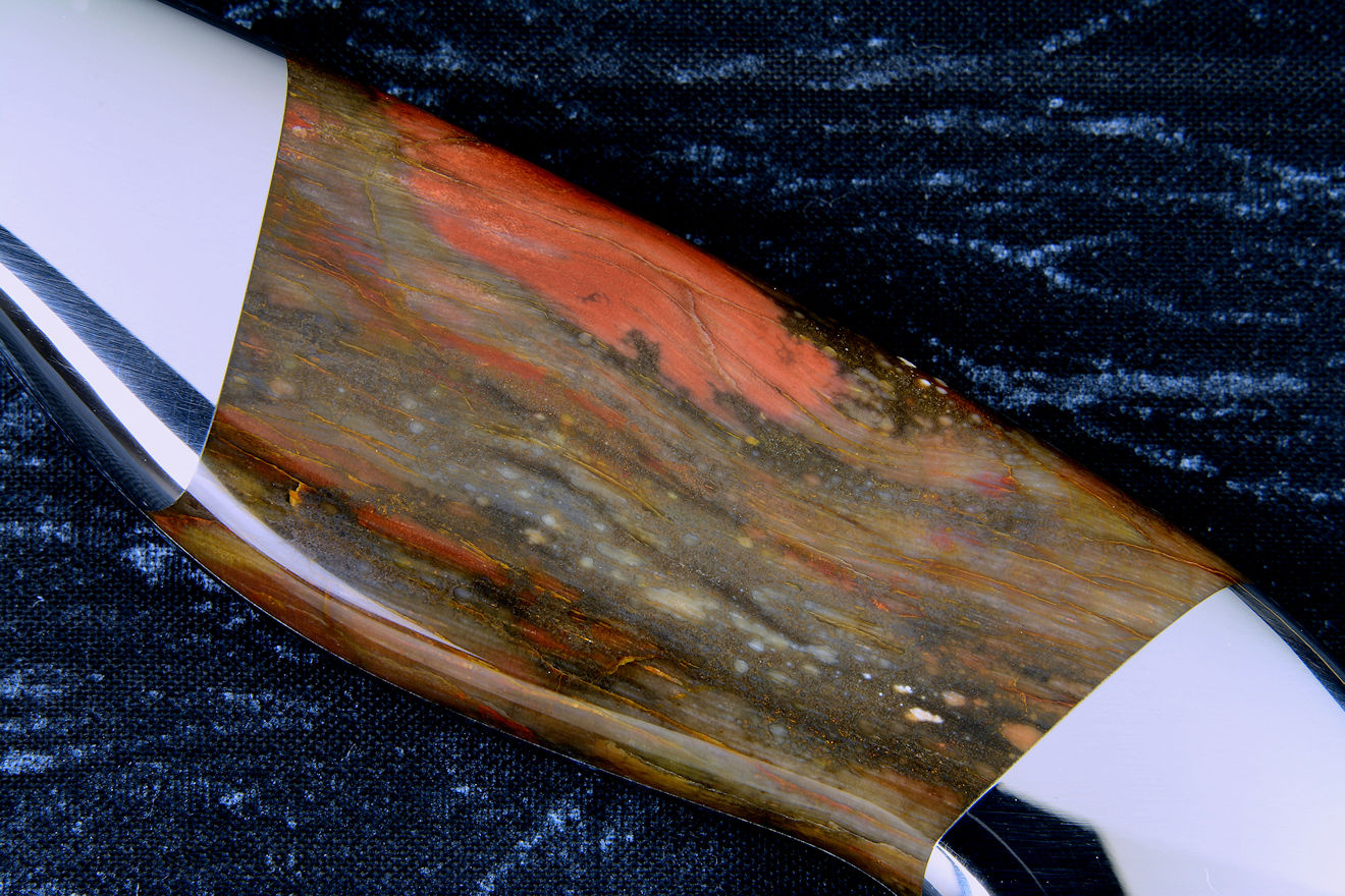 "Courbe Vaste" fine handmade chef's knife, BBQ knife, obverse side petrified wood gemstone handle magnification in T3 cyrogenically treated 440C high chromium stainless steel blades, 304 stainless steel bolsters, Caprock petrified wood gemstone handles, Bison (American Buffalo), leather shoulder book case