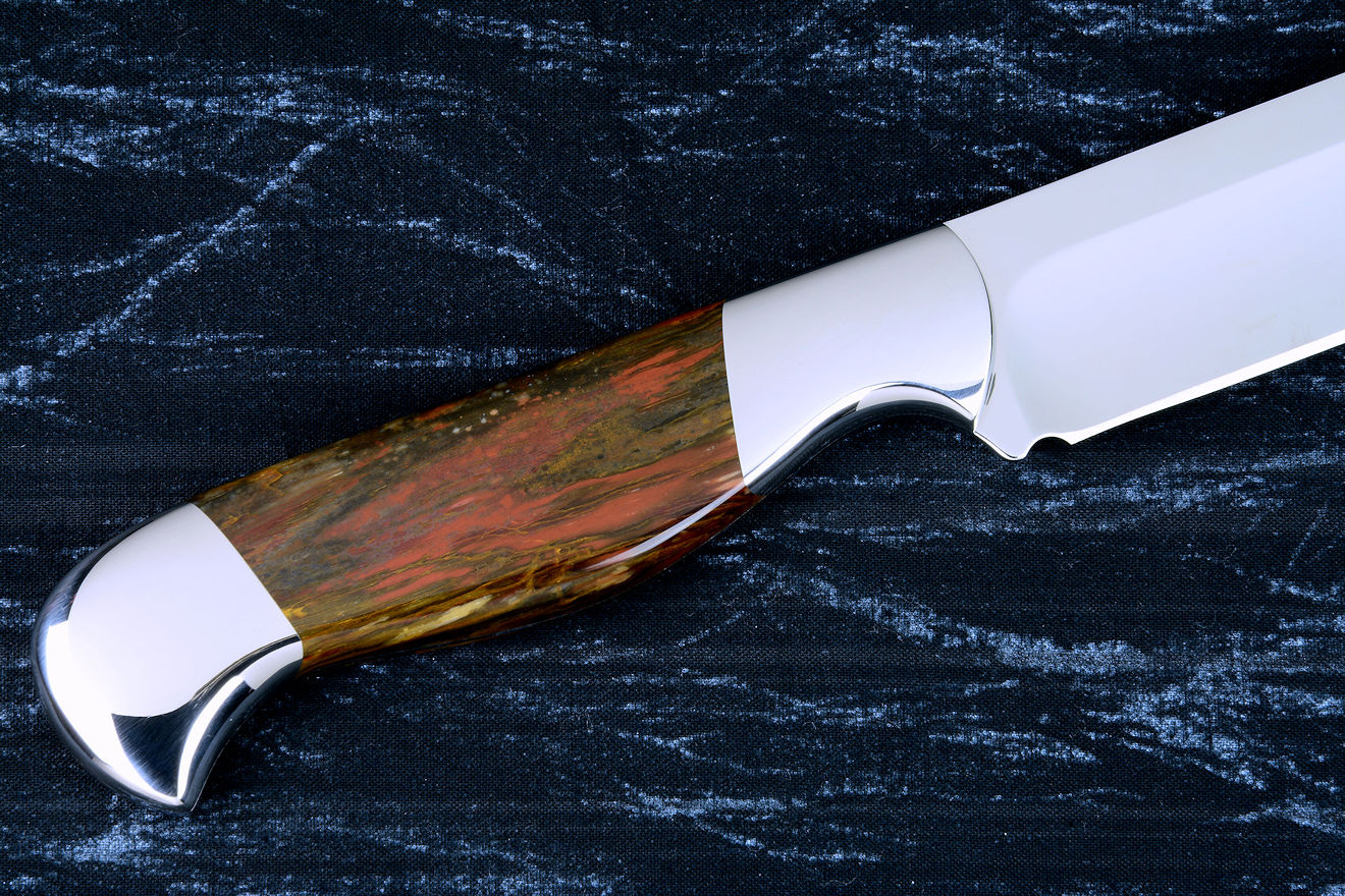 "Thresher" fine handmade chef's knife, BBQ knife, fillet knife, reverse side view in T3 cyrogenically treated 440C high chromium stainless steel blades, 304 stainless steel bolsters, Caprock petrified wood gemstone handles, Bison (American Buffalo), leather shoulder book case