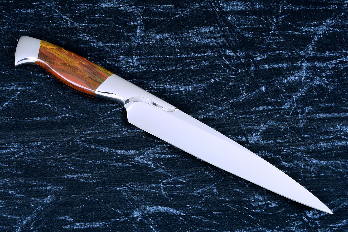 "Bordeaux" fine handmade chef's knives, BBQ knives, reverse side view in T3 cyrogenically treated 440C high chromium stainless steel blades, 304 stainless steel bolsters, Caprock petrified wood gemstone handles, Bison (American Buffalo), leather shoulder book case
