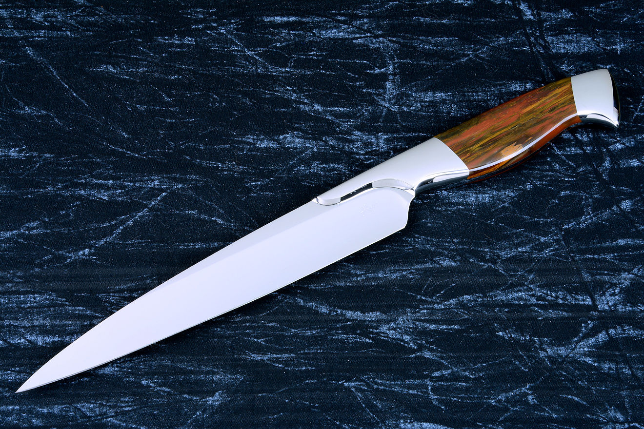 "Bordeaux" fine handmade chef's knives, BBQ knives, obverse side view in T3 cyrogenically treated 440C high chromium stainless steel blades, 304 stainless steel bolsters, Caprock petrified wood gemstone handles, Bison (American Buffalo), leather shoulder book case