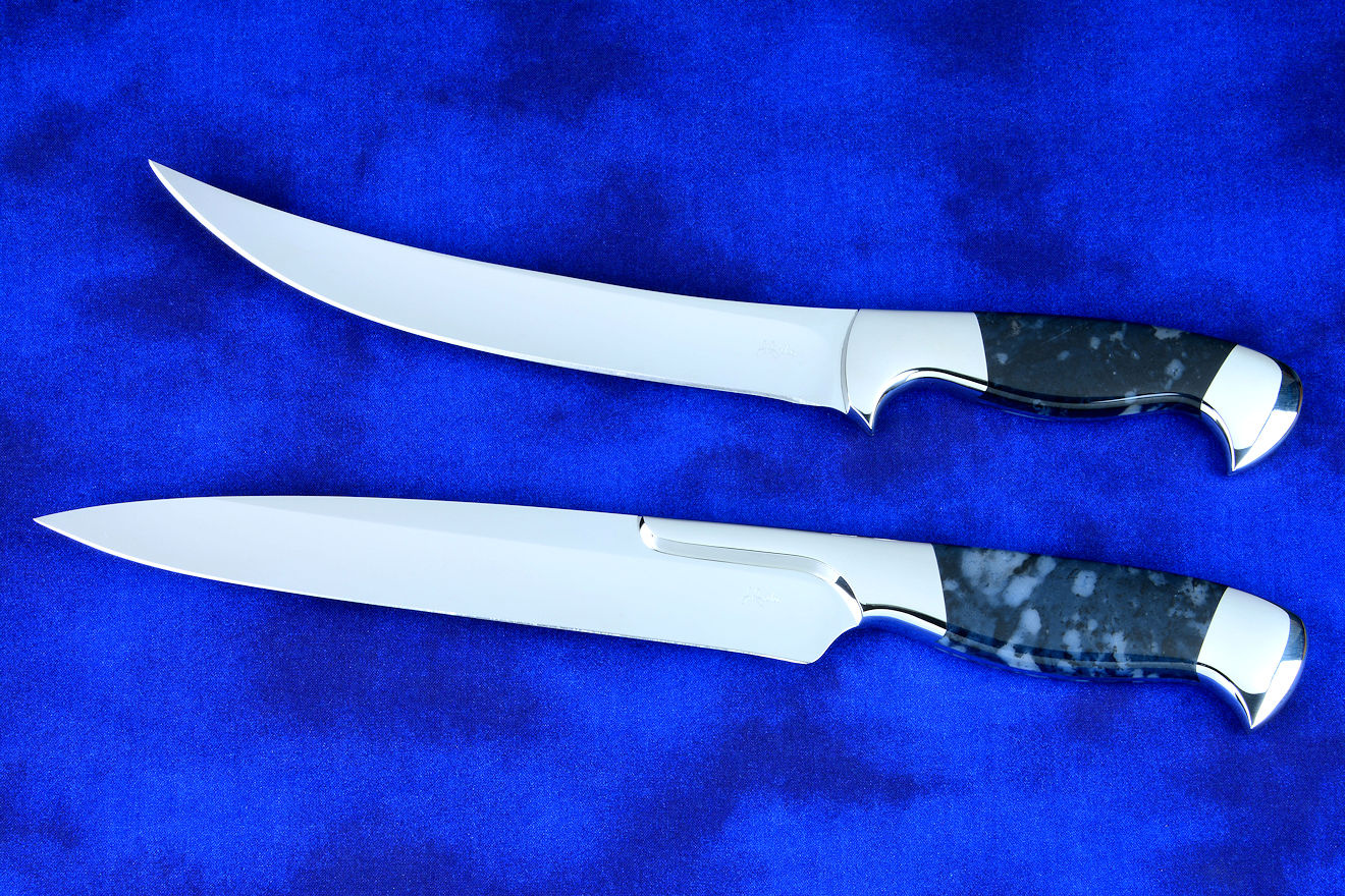 "Bordeaux and Courbe" Chef's Knives/BBQ Knives, obverse side view  in T3 cryogenically treated 440C high chromium martensitic stainless steel blades, 304 stainless steel bolsters, Night Leopard Agate gemstone handles, case in American Bison, leather shoulder, stainless steel