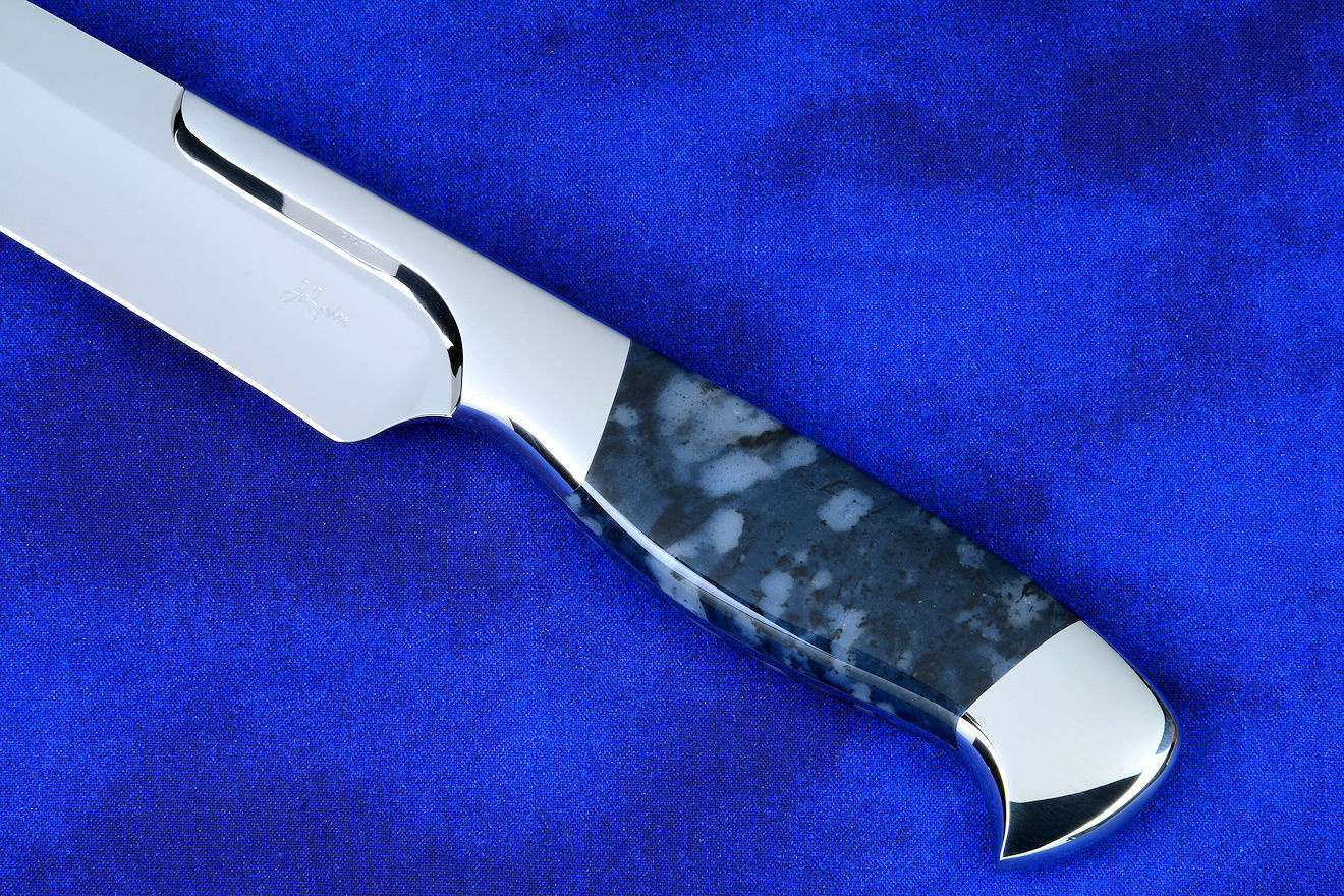 "Bordeaux" professional slicing knife, obverse side handle detail  in T3 deep cryogenically treated 440C high chromium stainless steel blade, 304 stainless steel bolsters, Night Leopard Agate gemstone handle