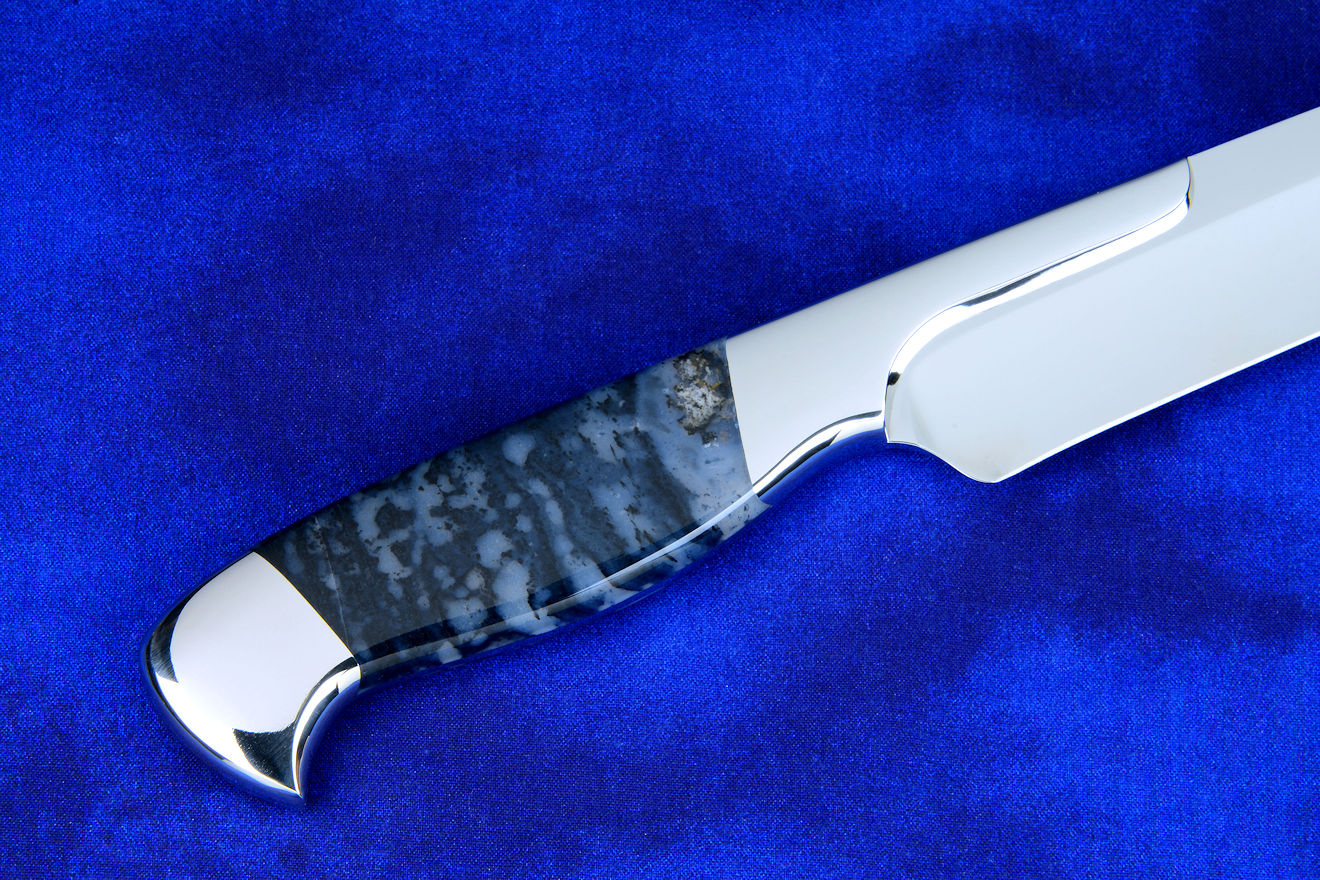 "Bordeaux" professional slicing knife, reverse side handle detail  in T3 deep cryogenically treated 440C high chromium stainless steel blade, 304 stainless steel bolsters, Night Leopard Agate gemstone handle