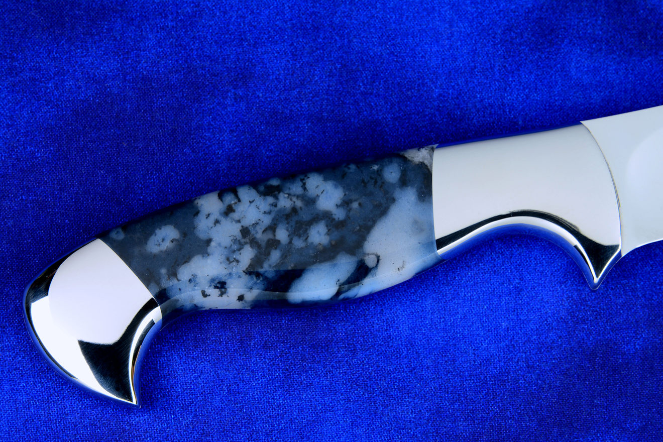 "Courbe" Professional Chef's Trimming, Boning knife, reverse side handle detail in T3 cryogenically treated 440C high chromium stainless steel blade, 304 stainless steel bolsters, Night Leopard Agate gemstone handle