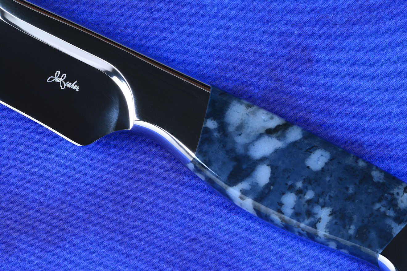 "Bordeaux" professional slicing knife, maker's mark view in T3 deep cryogenically treated 440C high chromium stainless steel blade, 304 stainless steel bolsters, Night Leopard Agate gemstone handle