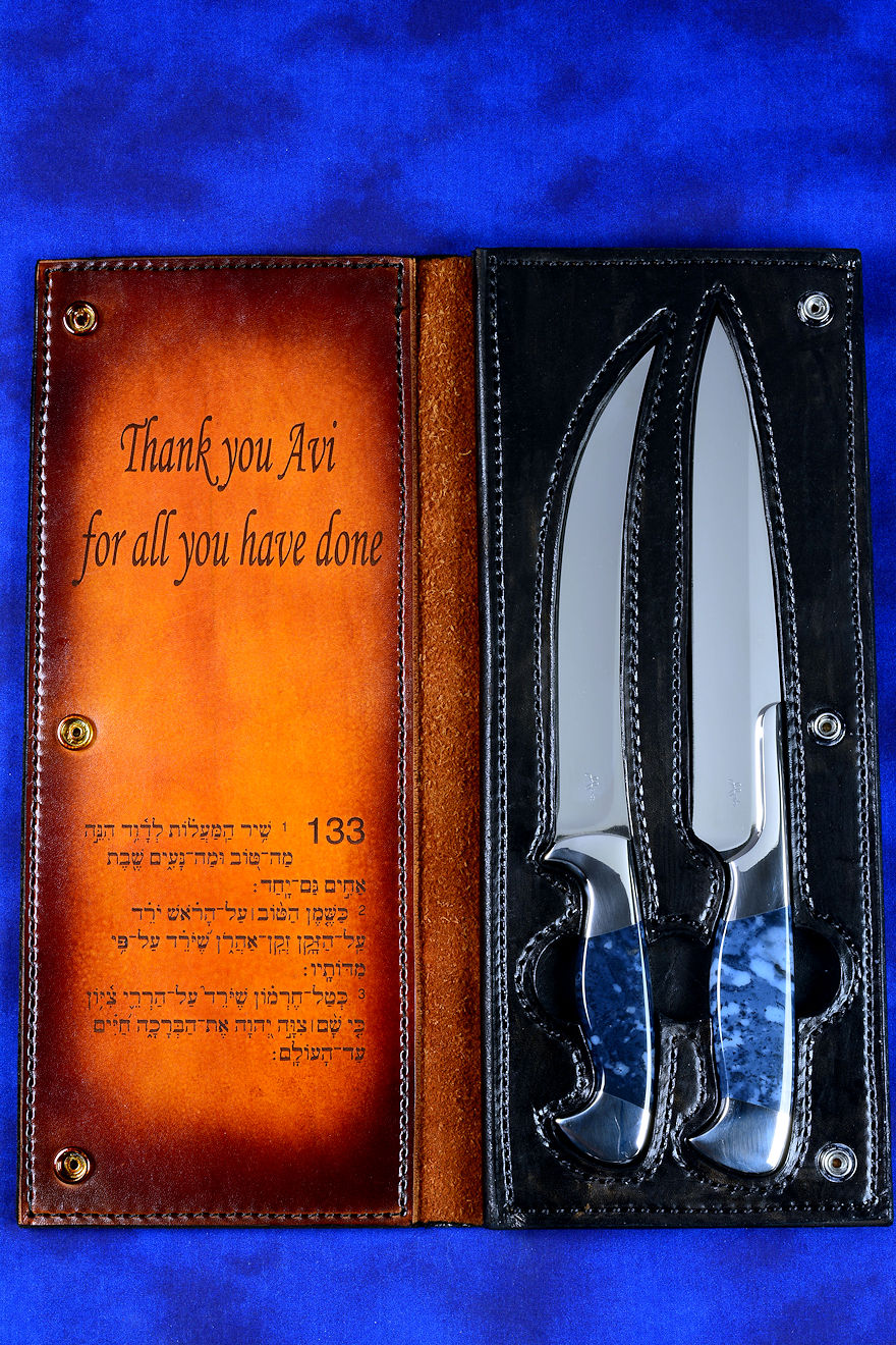 "Bordeaux and Courbe" Professional grade chef's/BBQ knives, case in American Bison, heavy leather shoulder, stainless steel snaps, nylon stitching after customization and leather engraving