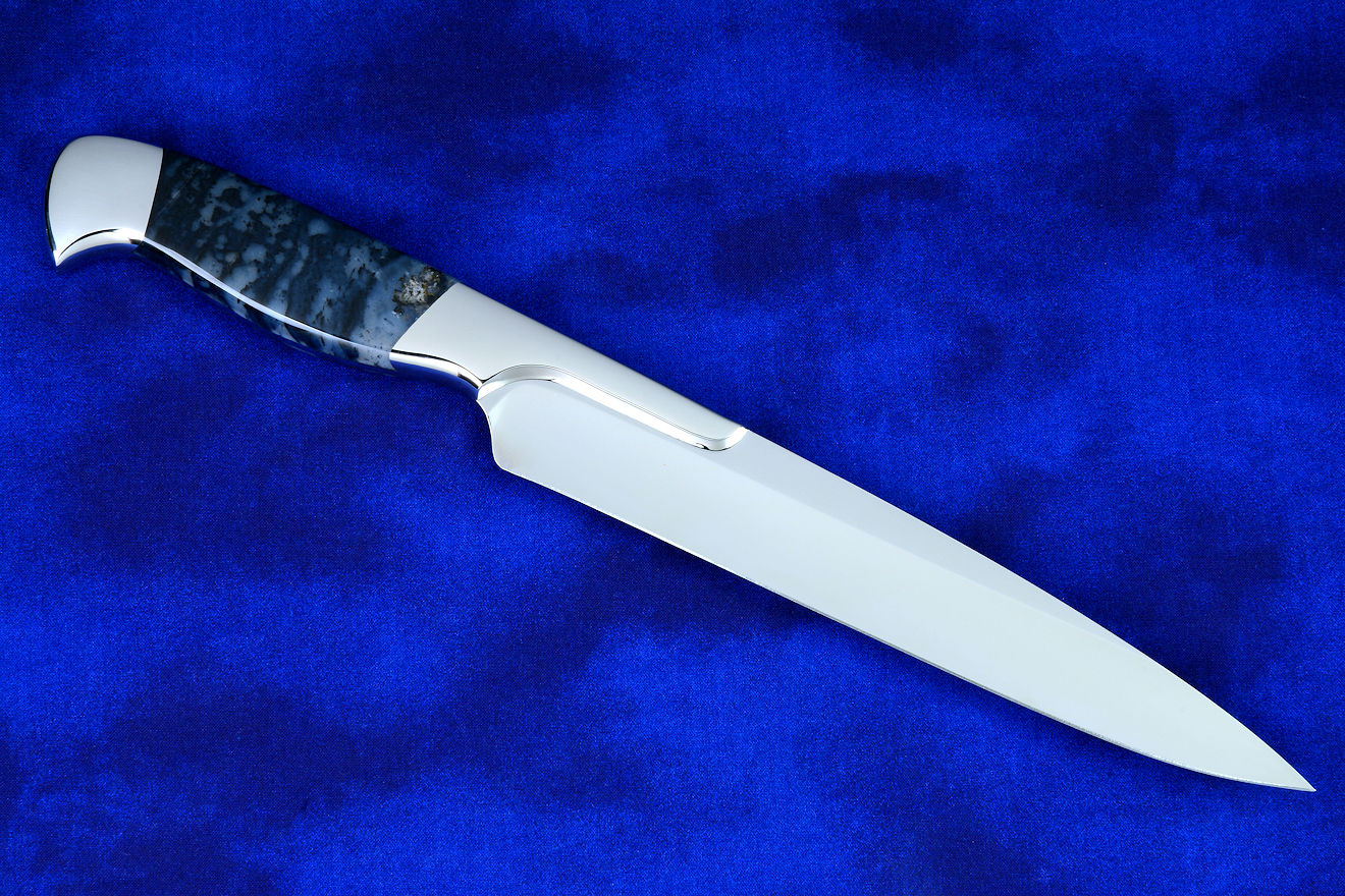 "Bordeaux" professional slicing knife, reverse side view in T3 deep cryogenically treated 440C high chromium stainless steel blade, 304 stainless steel bolsters, Night Leopard Agate gemstone handle