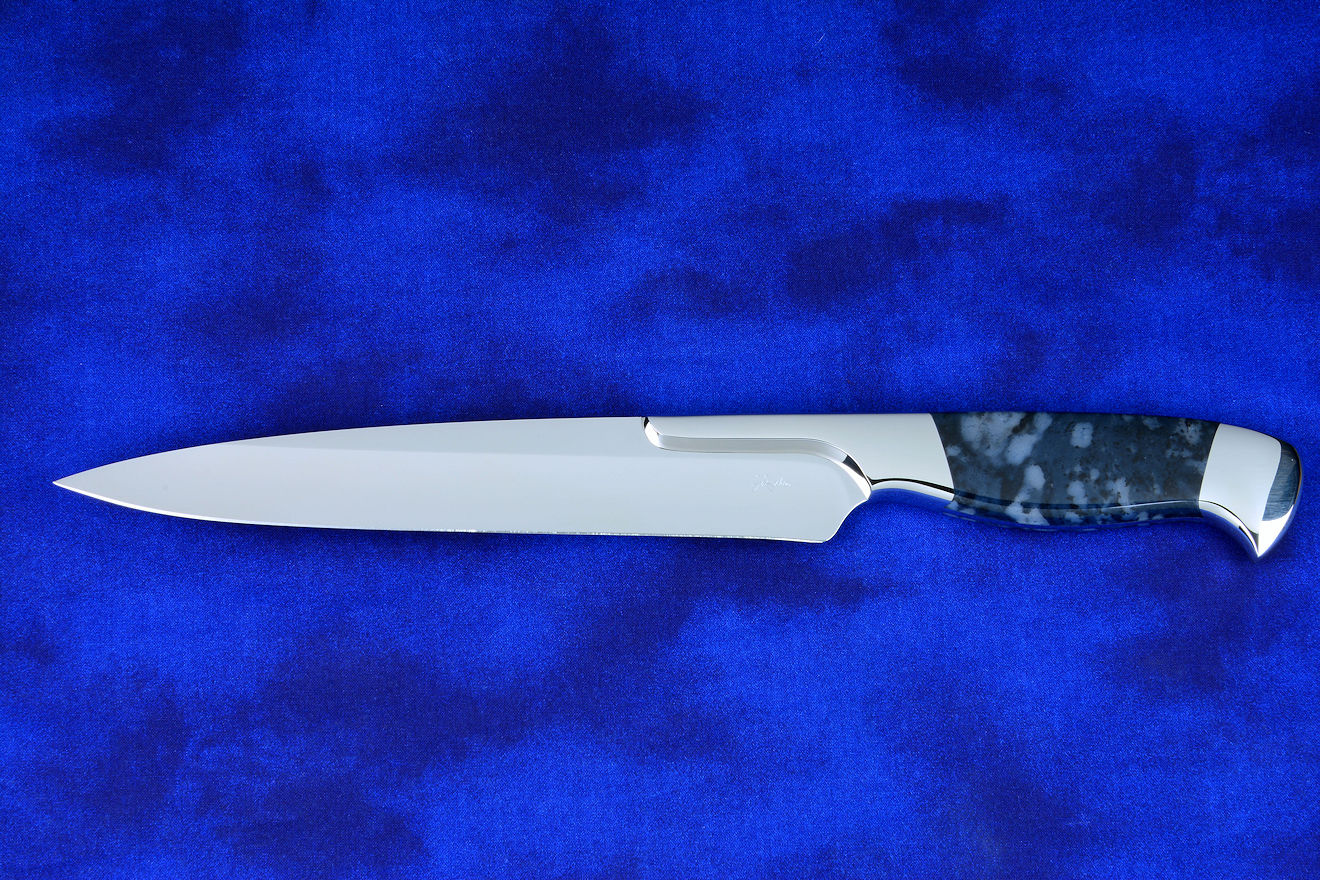 "Bordeaux" professional slicing knife, obverse side view in T3 deep cryogenically treated 440C high chromium stainless steel blade, 304 stainless steel bolsters, Night Leopard Agate gemstone handle