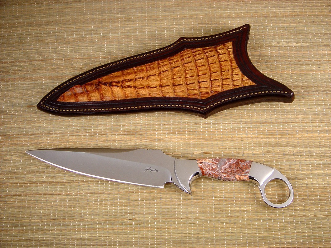 "Bulldog" 440C high chromium stainless tool steel blade, 304 stainless steel bolsters, Crazy Lace Agate gemstone handle, Caiman skin inlaid in hand-carved leather sheath