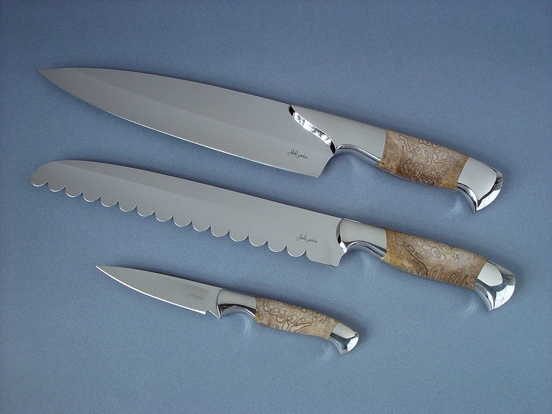 "Chef's Set" Concordia, Conditor, Consus, obverse side view in CPM154CM stainless steel blades, 304 stainless steel bolsters, Petrified Palm Wood gemstone handles