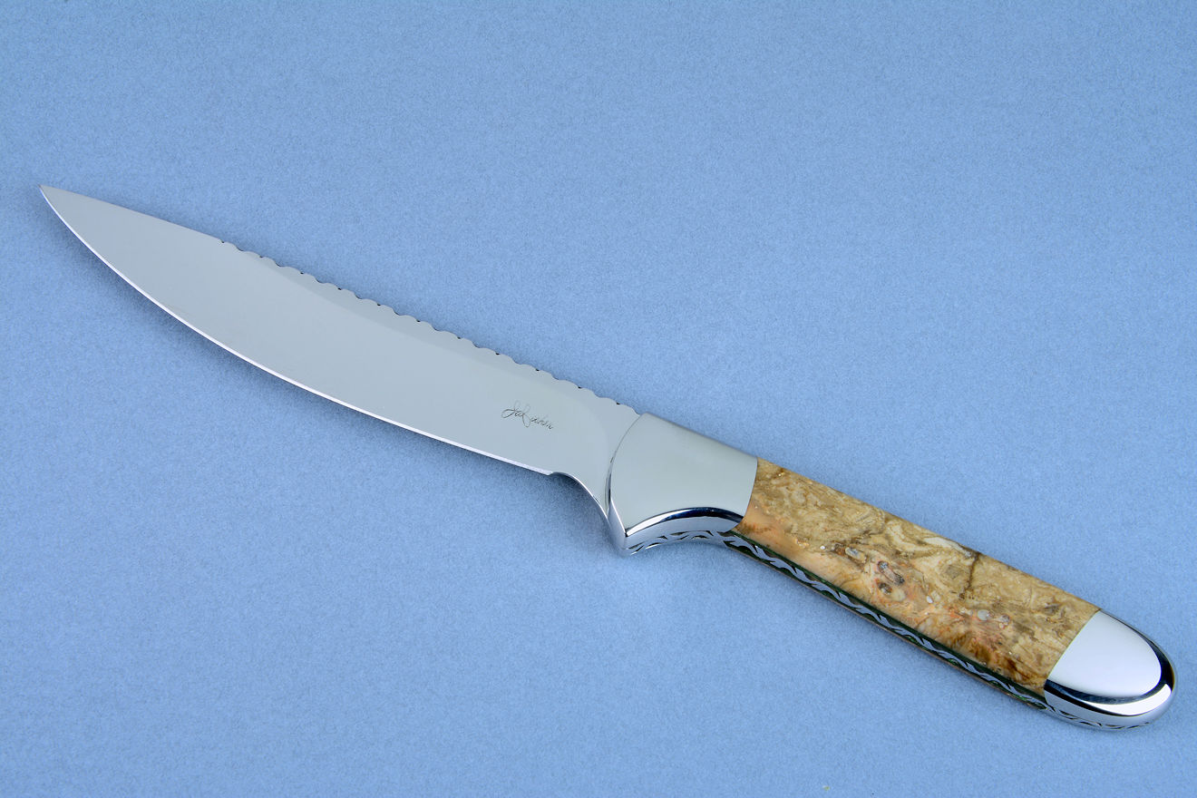 "Clarau Magnum" fine chef's knife, obverse side view in fossilized fern and British Colombian jade gemstone handle, 304 stainless steel bolsters, 440C high chromium T3 cryogenically treated stainless steel blade