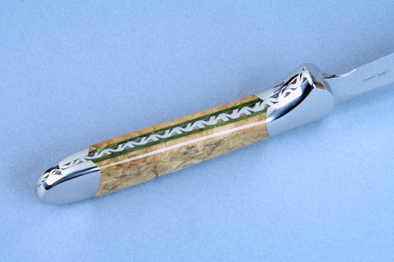"Clarau Magnum" fine handmade chef's knife, inside handle detail of doublet gemstone mounting