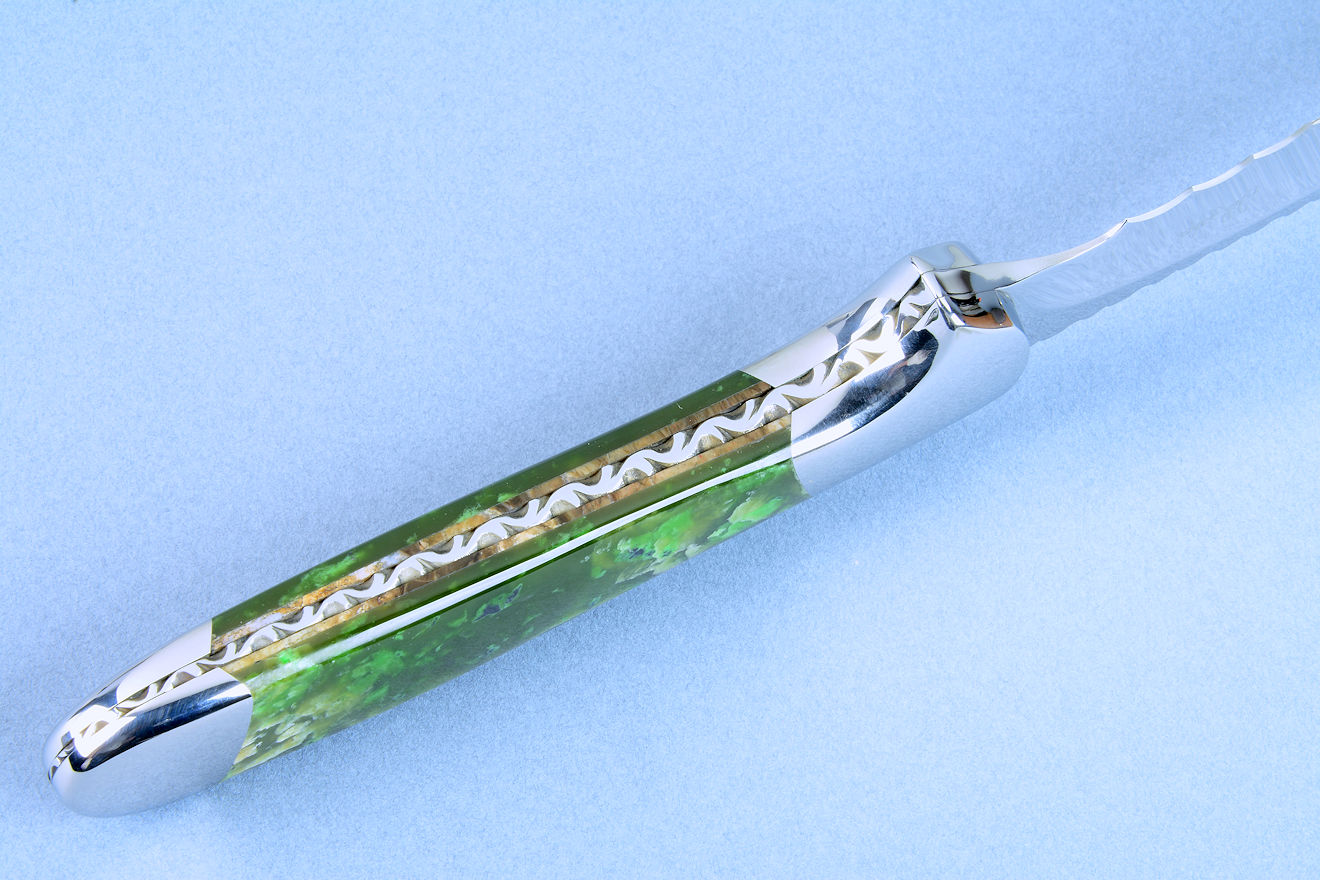 "Kineau Magnum" fine handmade chef's knife, doublet gemstone mounting in detailed photograph of inside handle tang view
