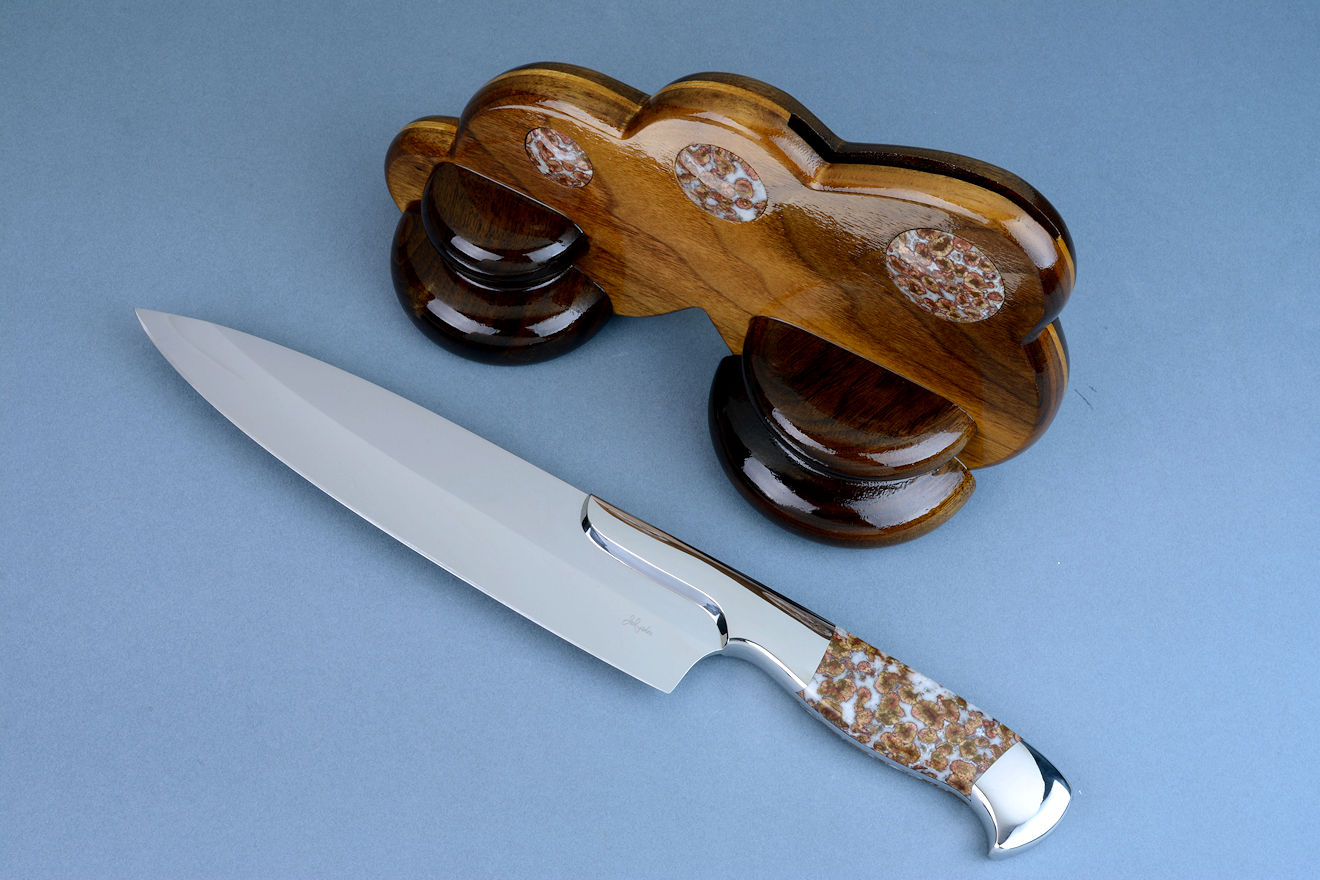 "Concordia" chef's knife, obverse side view in 440C high chromium stainless steel blade, 304 stainless steel bolsters, Poppy Jasper gemstone handle