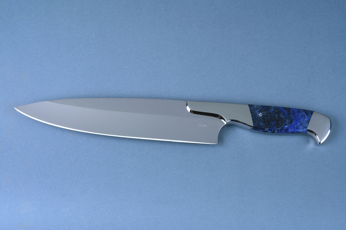 "Concordia" Chef's Knife, obverse side view in 440C high chromium martensitic stainless steel blade, T3 cryogenic heat treatment, 304 austenitic stainless steel bolsters, Sodalite gemstone handle
