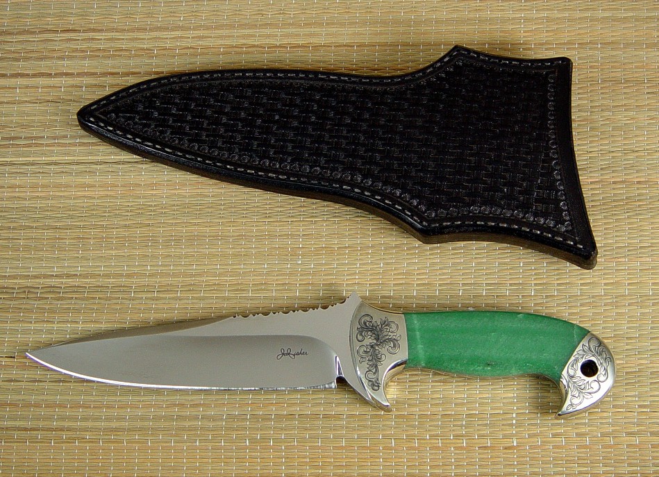 "Cygnus-Horrocks" ATS-34 high molybdenum stainless steel blade, hand-engraved nickel silver bolsters, Aventurine gemstone handle, black basketweave sheath