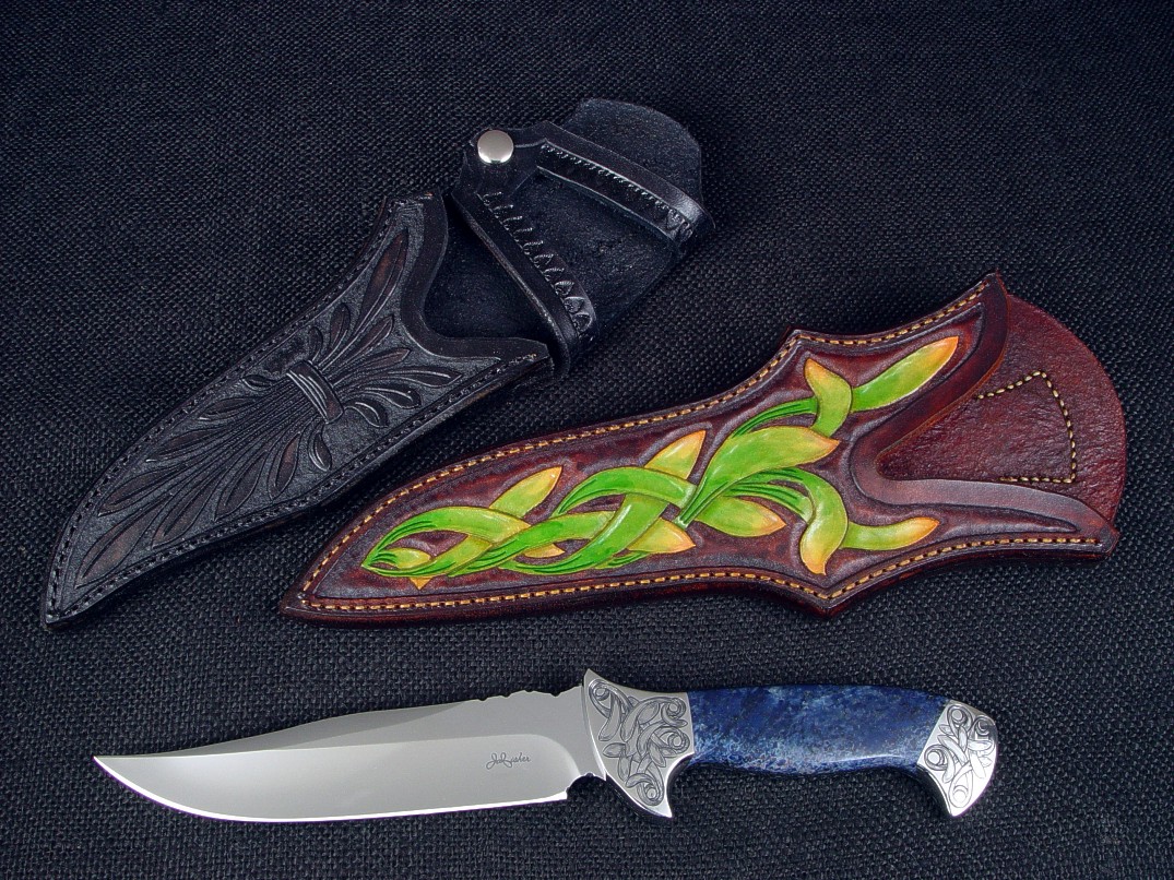 "Domovoi", obverse side view in ATS-34 high molybdenum stainless steel blade, hand-engraved 304 stainless steeel bolsters, African dumortierite gemstone handle, hand-carved, tooled, hand-dyed leather sheath
