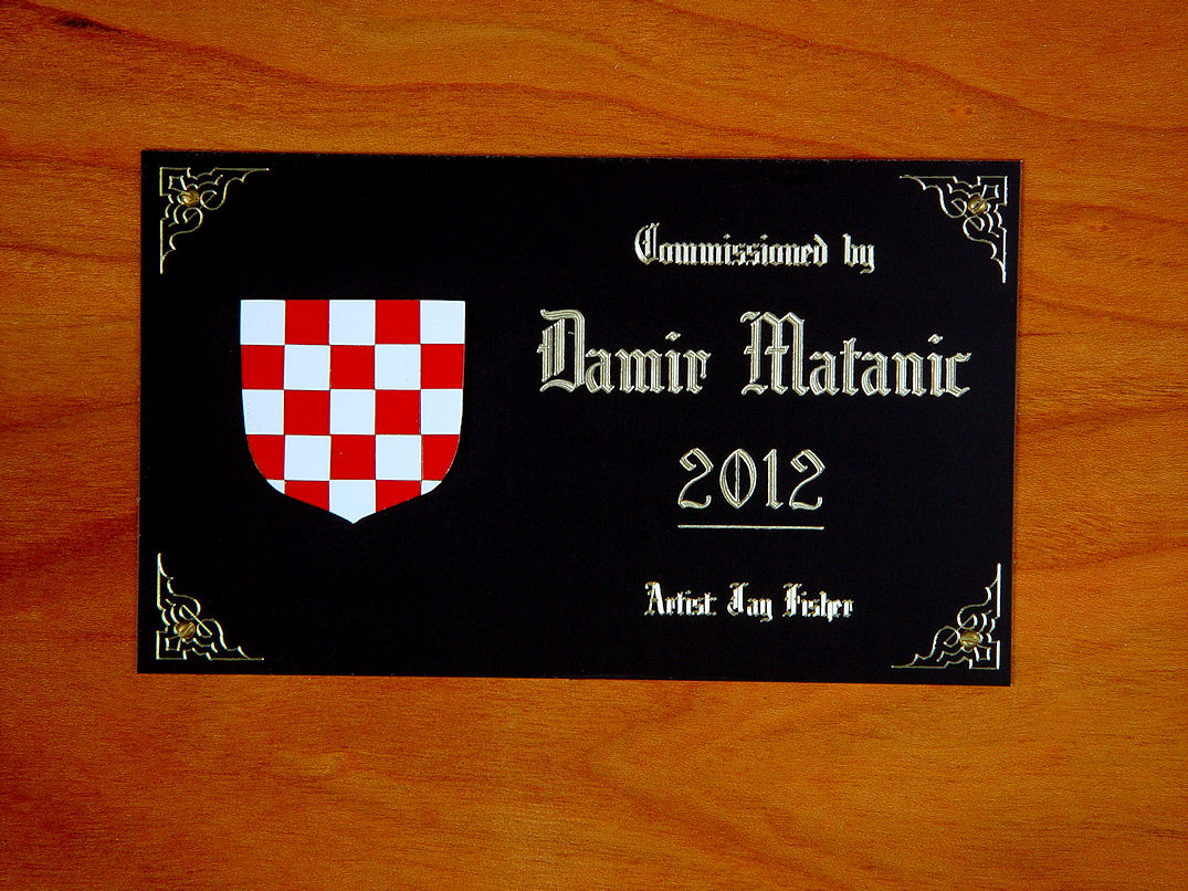 Engraved Black, red, white lacquered brass and aluminum nameplate on Cherry hardwood, Duhovni Ratnik interior with Croatian Coat of arms