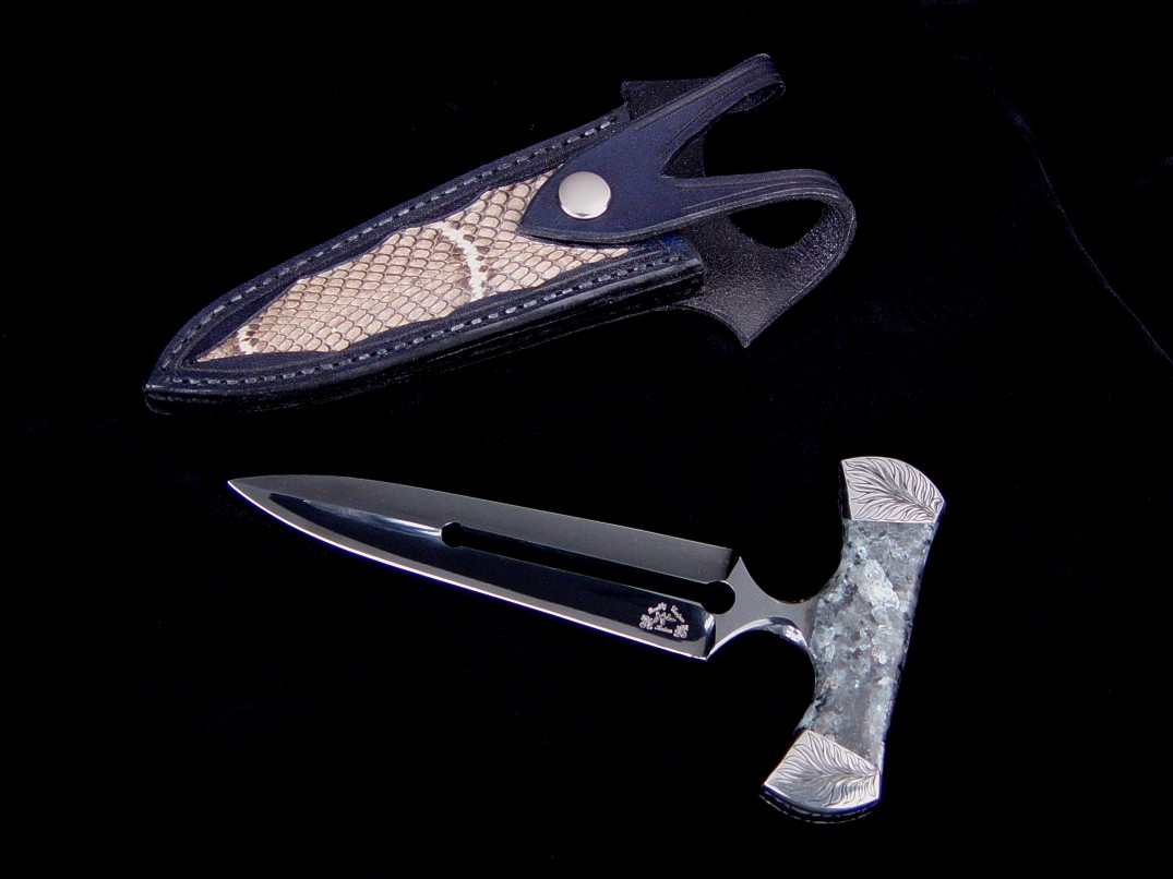 "Grim Reaper" in mirror polished O-1 tool steel, hand-engraved carbon steel bolsters, larvikite gemstone handle, cobra skin inlaid in leather sheath