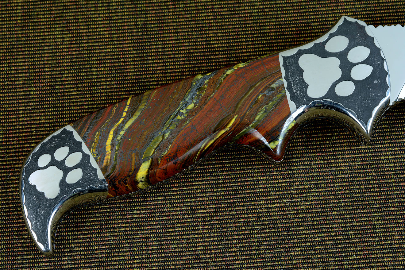 "Hooded Warrior" reverse side gemstone  handle detail in Australian Tiger Iron 