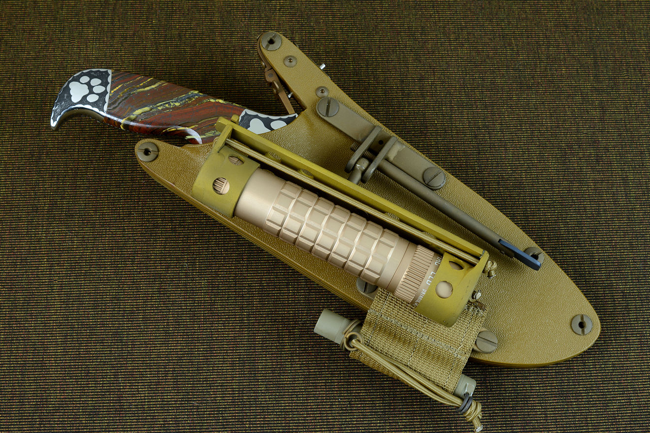 "Hooded Warrior" coyote tan locking sheath with HULA and LIMA accessories
