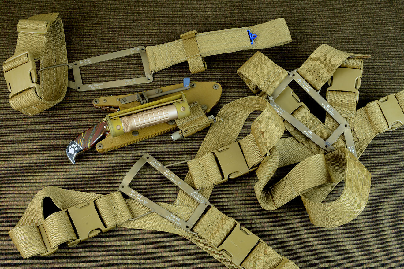 "Hooded Warrior" modular sheath wear system components in coyote tan: sternum  harness, spine harness, belt loop extender