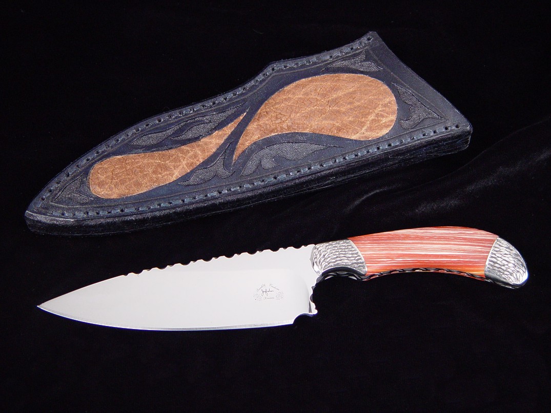 "La Cocina" chef's, kitchen knife, obverse side view in 440C high chromium stainless steel blade, hand-engraved 304 stainless steel bolsters, Antelope Jasper gemstone handle, hippopotamus skin inlaid in hand-carved leather sheath