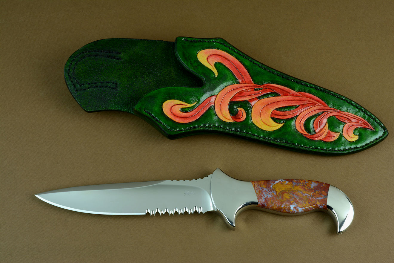 "Macha Navigator" obverse side view in 440C high chromum T3 cryogenically processed stainless steel blade, 304 austenitic stainless steel bolsters, Roostertail Agate gemstone handle, hand-carved, hand-dyed leather sheath
