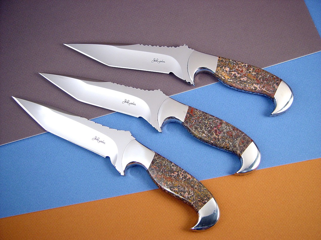 "Mercury Magnums" trio of fine handmade custom knives in stainless steel, hollow ground with stainless steel bolsters and Red Leopard Skin Jasper gemstone handles