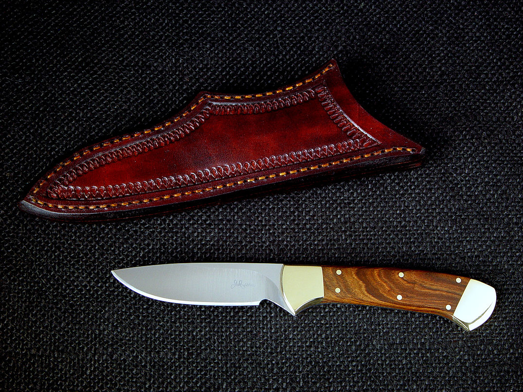 "Mirach" obverse side view in satin finished 440C high chromium stainless steel blade, brass bolsters, African Sandalwood hardwood handle, hand-tooled leather sheath