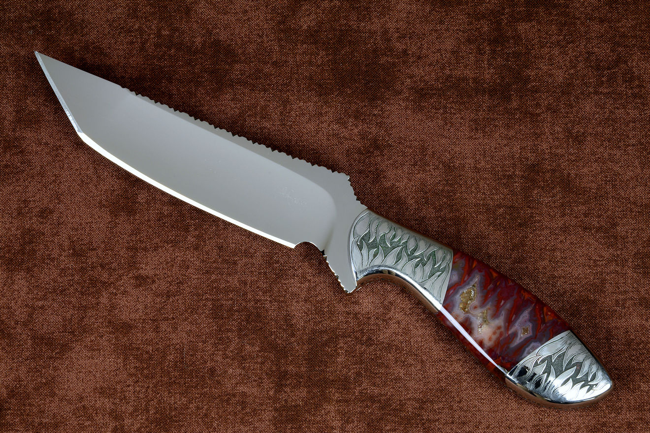 "Nishi" obverse side view in 440C high chromium stainless steel blade, hand-engraved 304 stainless steel bolsters, Sonoran Flame Agate gemstone handle, hand-carved, hand-dyed leather sheath