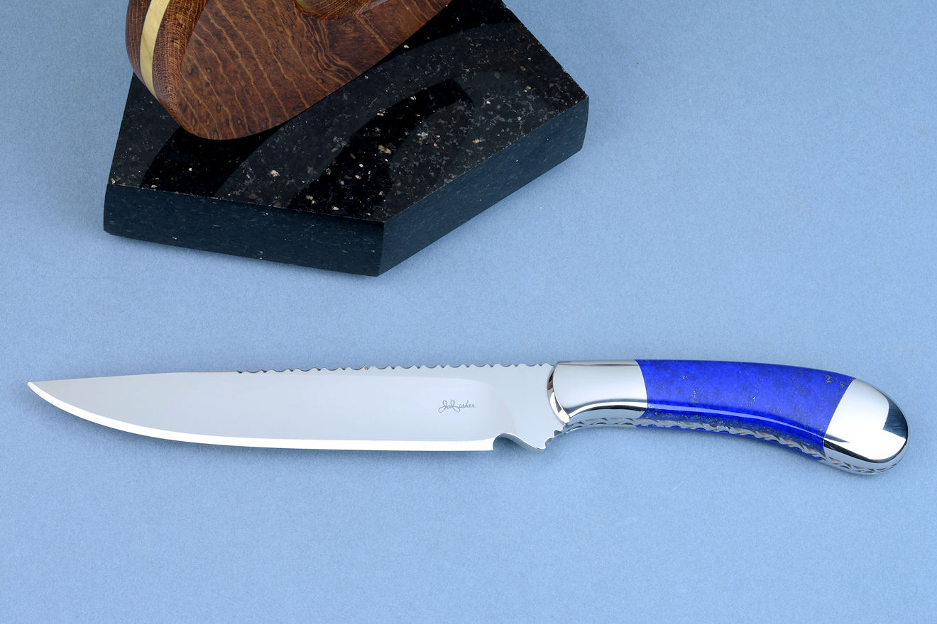"Sanchez" small boning, chef's knife in 440C high chromium cryogenically treated stainless steel blade, 304 austenitic stainless steel bolsters, Lapis Lazuli gemstone  handle