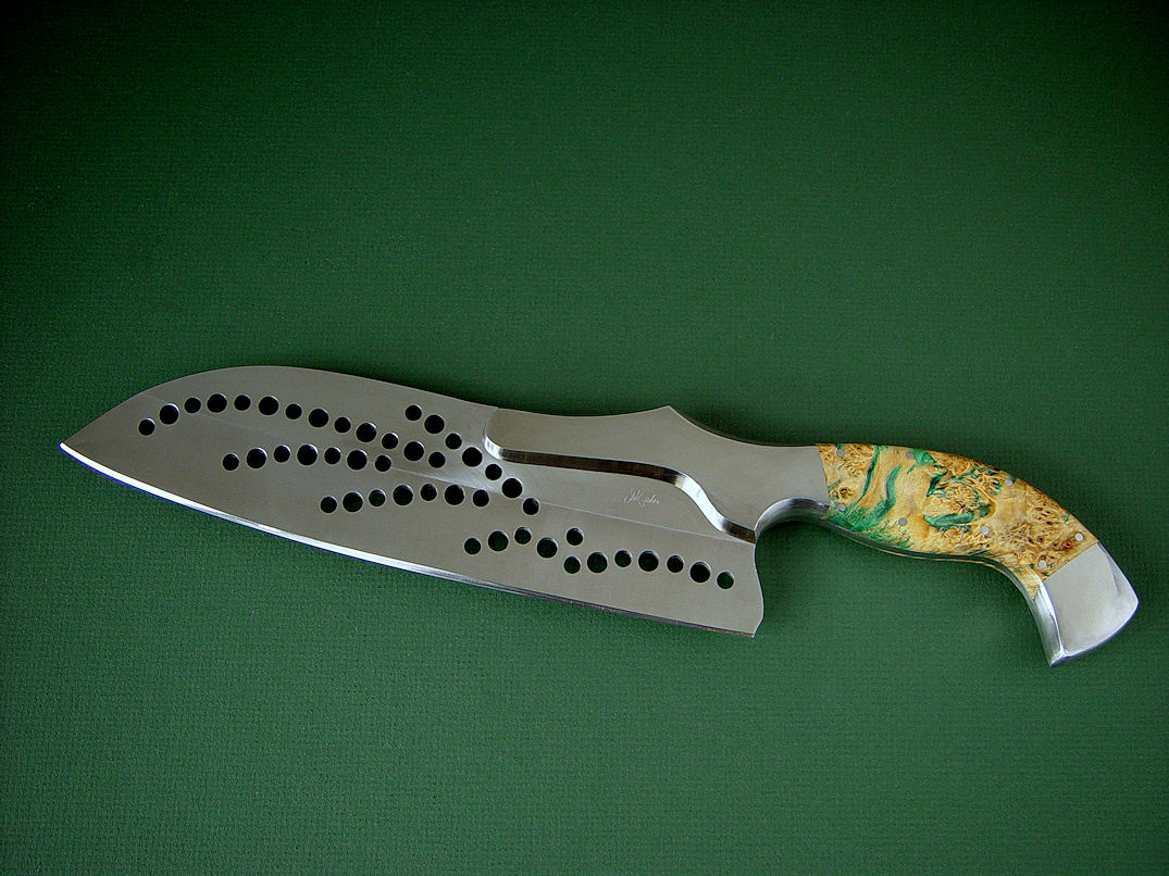 "Saussure" fine handmade custom chef's knife, obverse side view in 440C high chromium stainless steel blade, 304 stainless steel bolsters, Stabilized Box Elder Burl hardwood handle