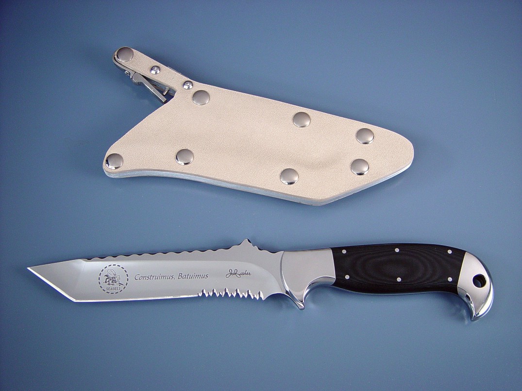 "Seabee" Obverse view. ATS-34 high molybdenum stainless steel blade, 304 stainless steel bolsters, canvas micarta phenolic handle, locking kydex, aluminum stainless steel, nickel plated steel sheath