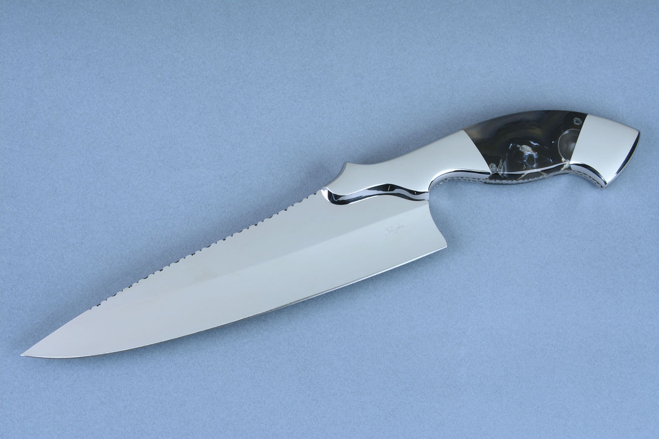 "Sirona" fine handmade chefs knife, obverse side view. Blade is high performance CPM154CM powder metal technology stainless tool steel