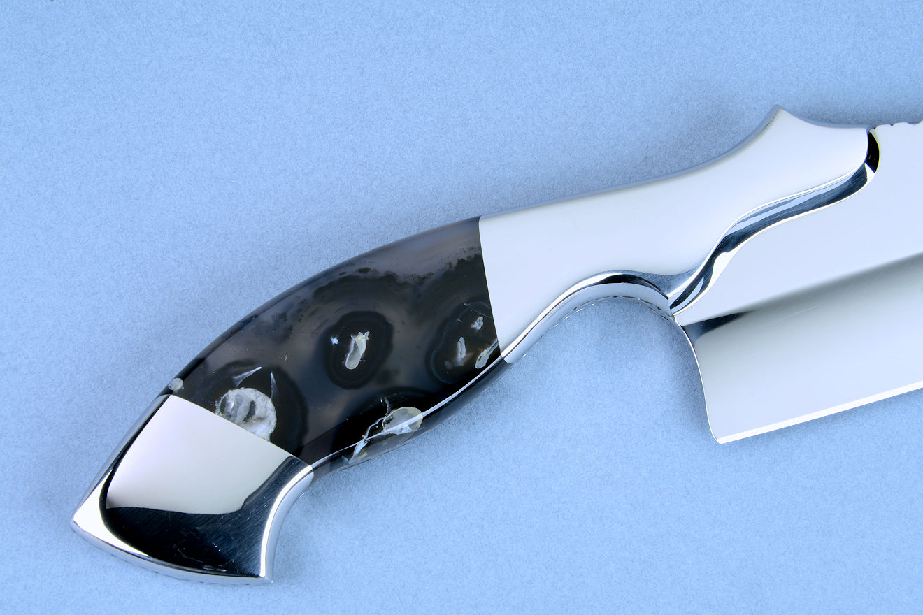 "Sirona" extremely fine chef's knife, reverse side handle detail showing stainless steel boslters and gemstone handle