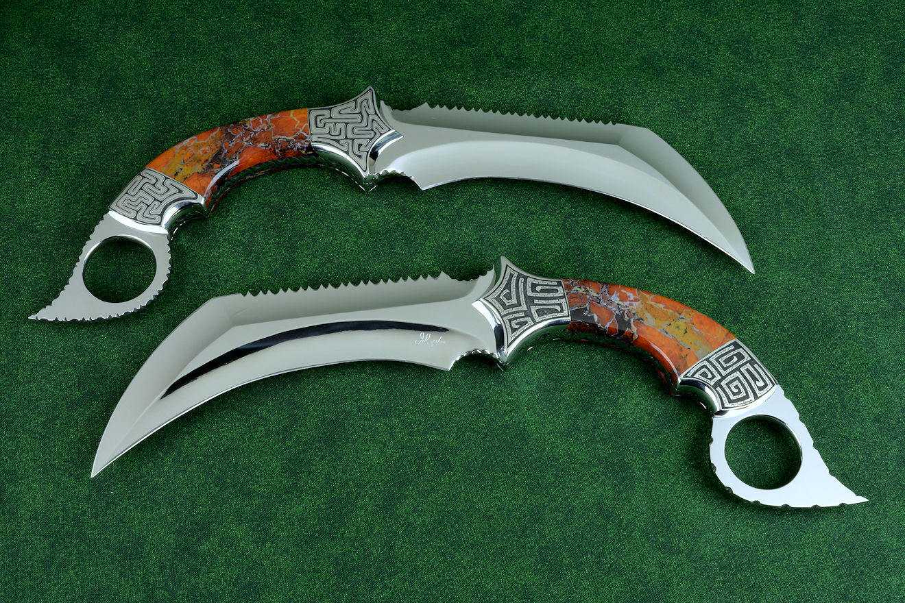 "Titans" matched karambits in 440C high chromium stainles steel blades, T3 advanced cryogenic treatment, mirror polished, hollow ground, hand-engraved 304 stainless steel bolsters, Stone Canyon Jasper gemstone handles, sheaths of black rayskin inlaid in hand-carved leather shoulder