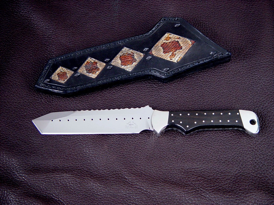 "Trailhead" obverse side view in 440C high chromium stainless steel blade, 304 stainless steel bolsters, Ebony hardwood handle, Corn Snake skin inlaid in hand-carved leather sheath