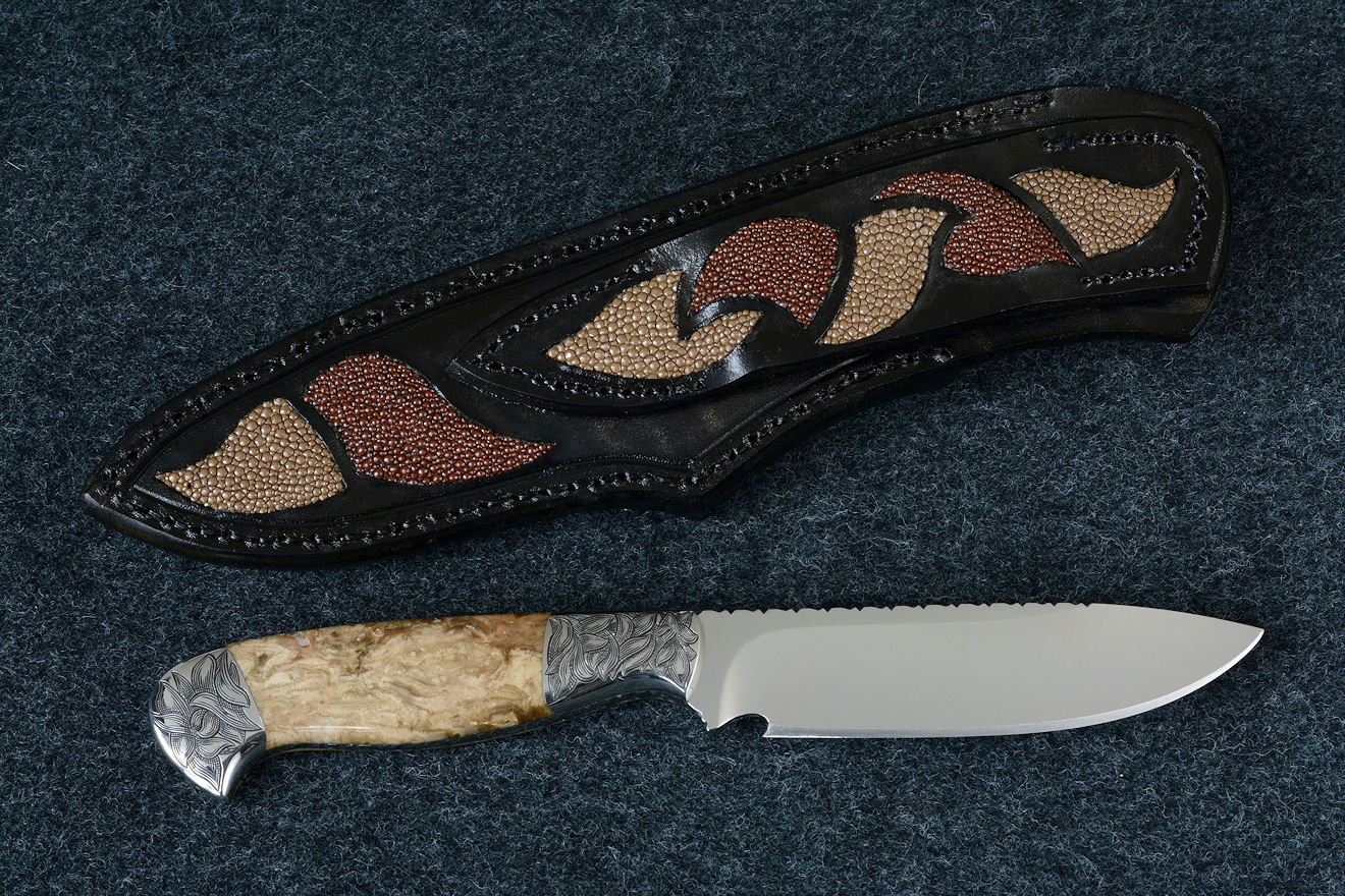 "Vulpecula" reverse side view in D2 extremely high carbon die steel blade, hand-engraved 304 stainless steel bolsters, Petrified Fern fossil gemstone handle, hand-carved leather sheath inlaid with rayskin