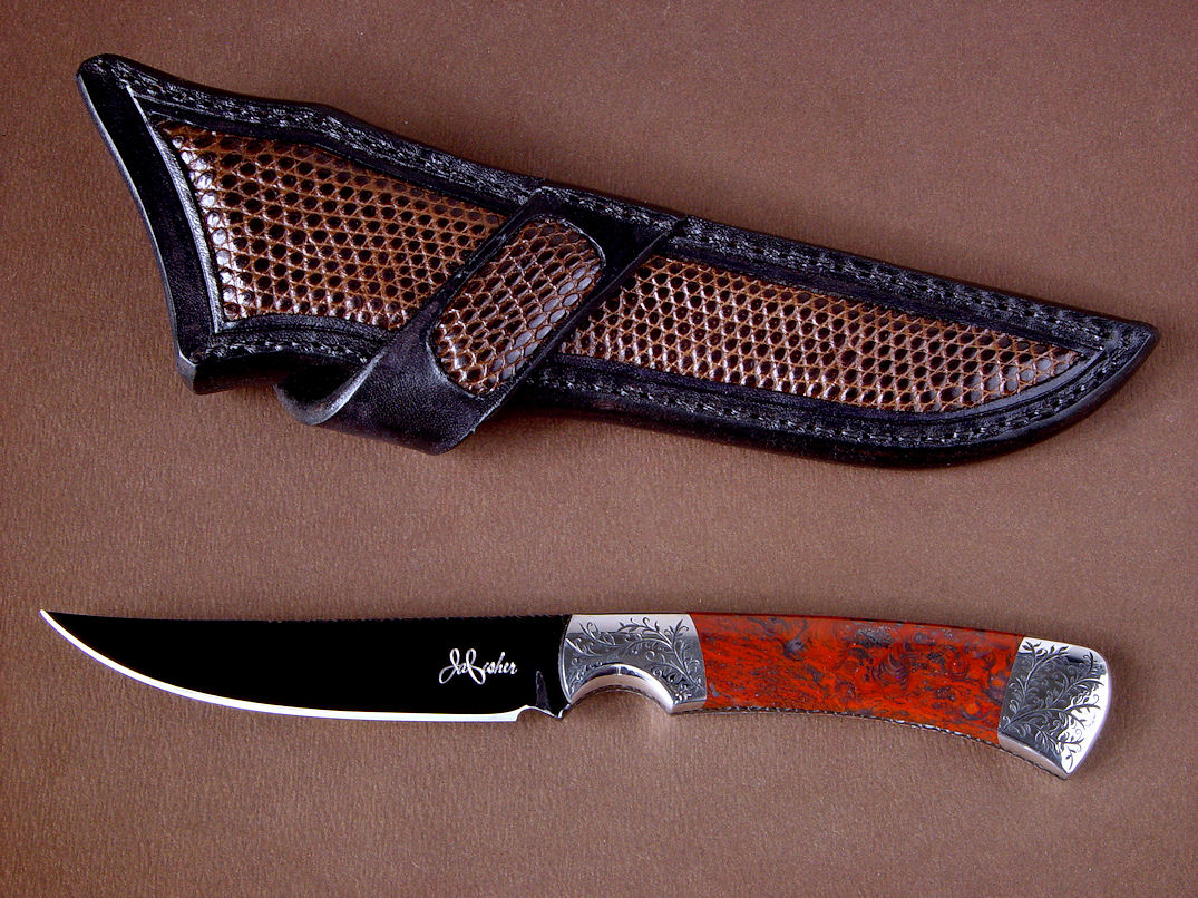 "Wasat" obverse side view in mirror polished hot blued O1 high carbon tungsten-vandium alloy tool steel blade, hand-engraved 304 stainless steel bolsters, Fossilized Stromatolite gemstone handle, Tegu lizard skin inlaid in hand-carved leather sheath